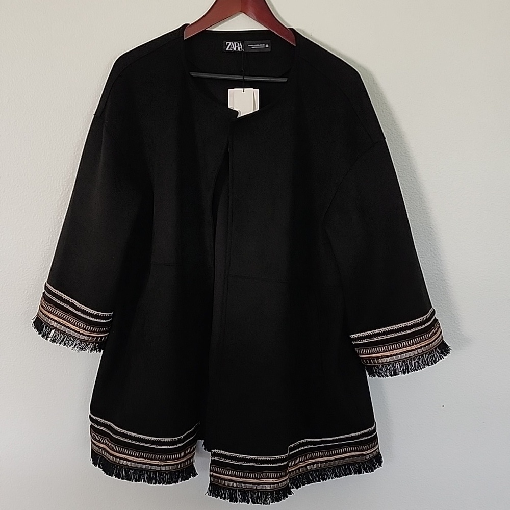 ZARA NWT Faux Suede Fringe Embroidered Open Front Jacket Boho Western XXL - Picture 5 of 13